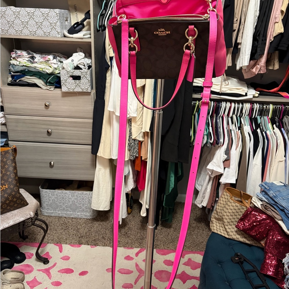 Coach Brown Signature Satchel with Bright Pink Trim - Picture 8 of 9